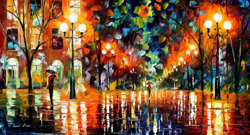 People Walking in Rain — Orange, Vibrant, Night