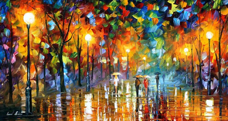 People Walking in Rain — Orange, Vibrant