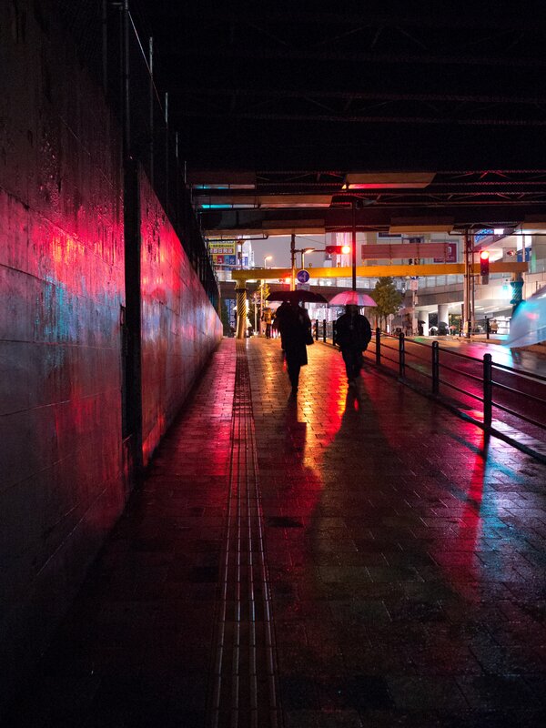 People Walking in Rain — Red, Dramatic, Night, Photograph
