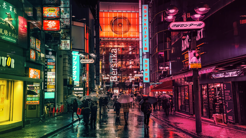 People Walking in Rain — Red, Dramatic, Night