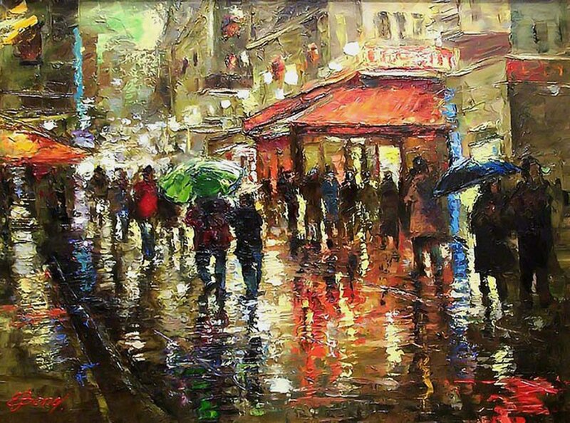 People Walking in Rain — Red, Dramatic