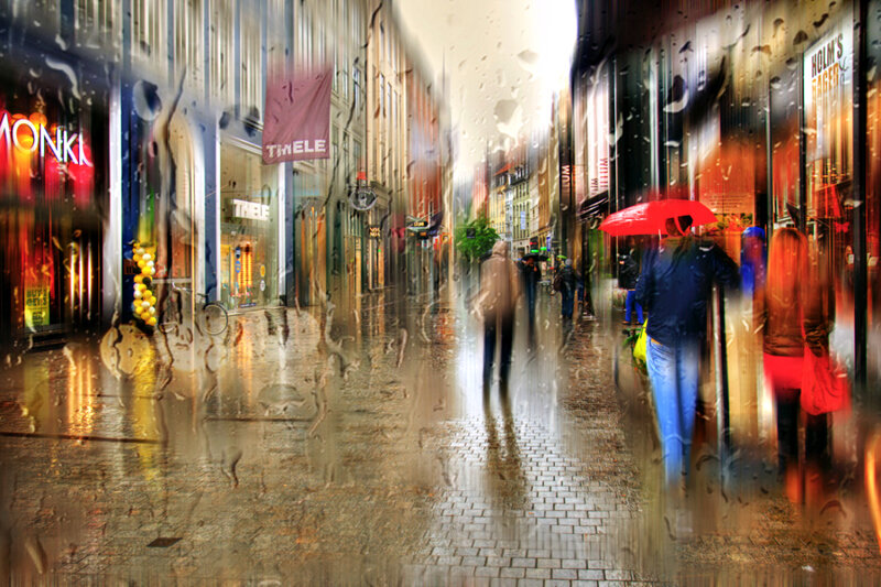 People Walking in Rain — Red