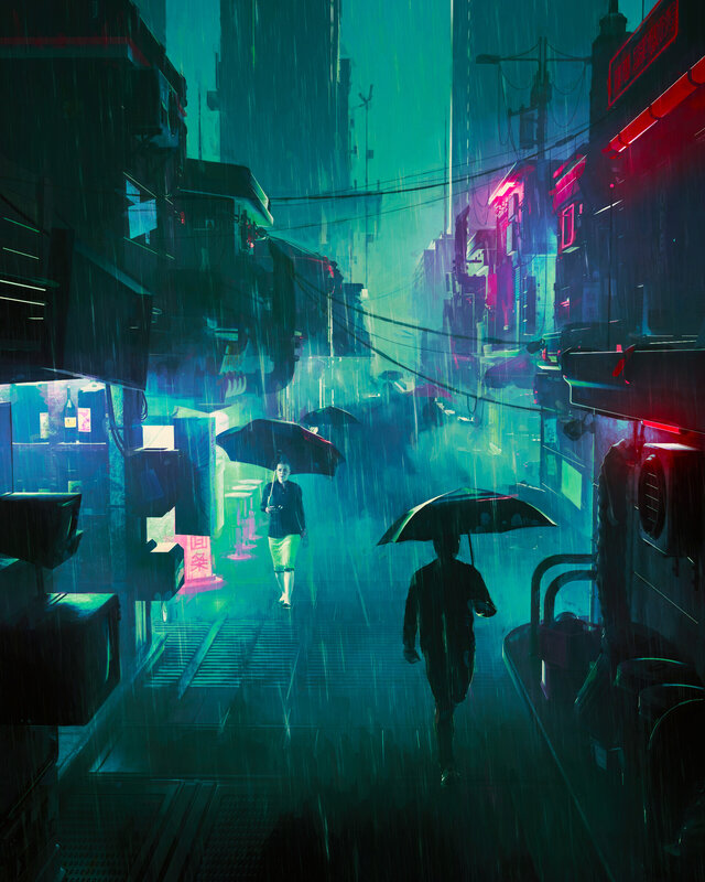 People Walking in Rain — Teal