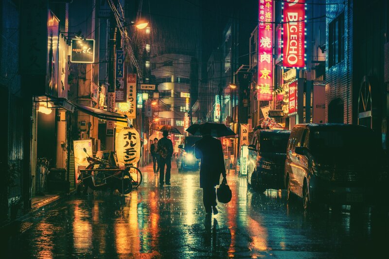 People Walking in Rain — Yellow, Dramatic, Night