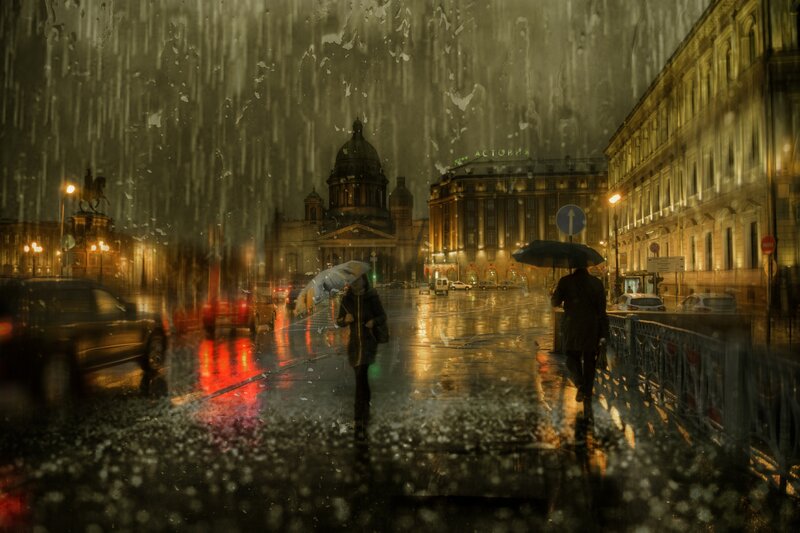 People Walking in Rain — Yellow, Dramatic