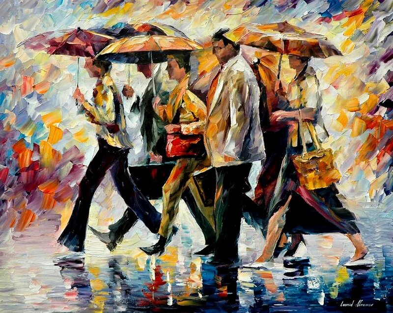 People Walking in Rain — Yellow, Dynamic, Painting