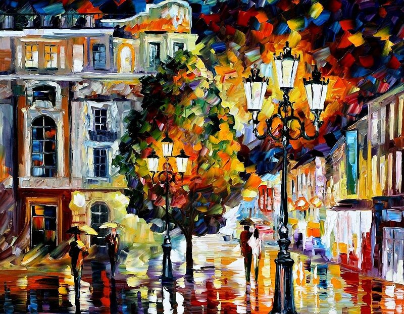 People Walking in Rain — Yellow, Vibrant, Autumn