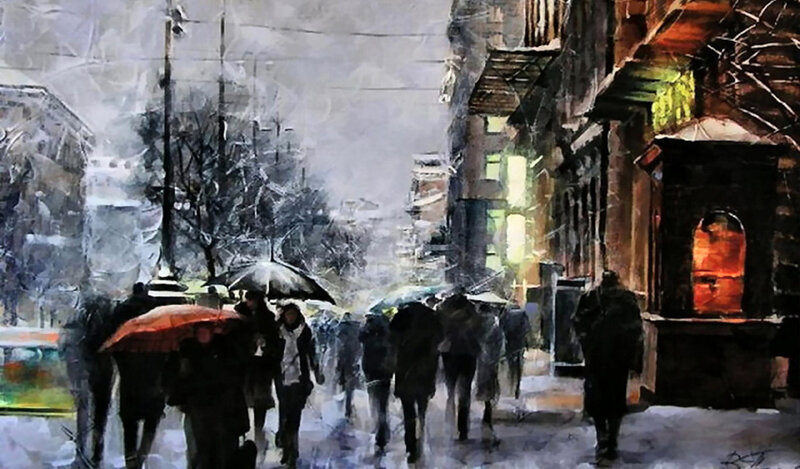 People Walking in Snow — Gray, Dramatic