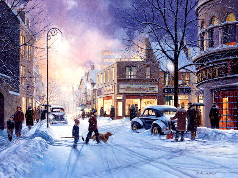 People Walking in Snow — White, Cold, Winter, Painting