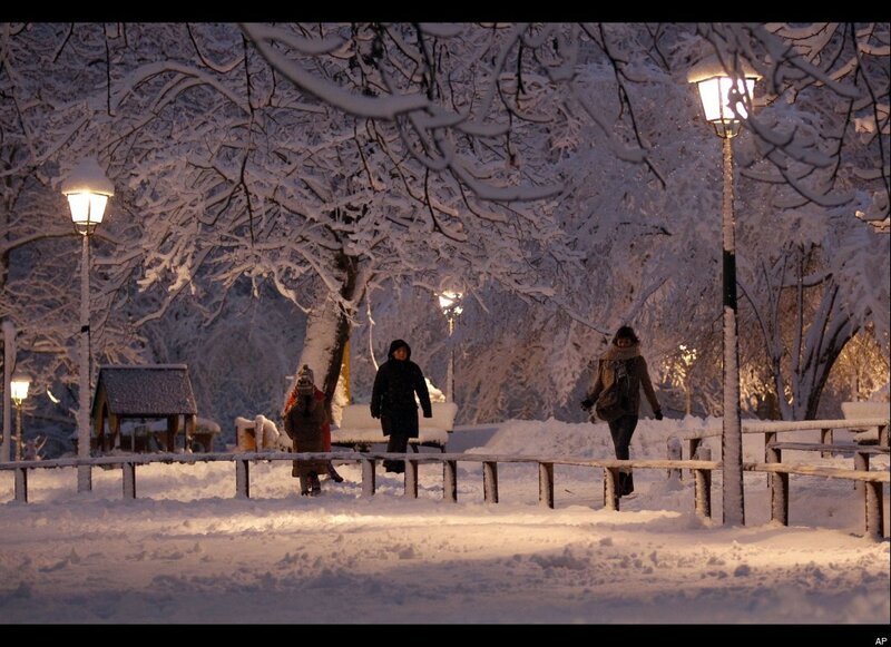 People walking in snowy park