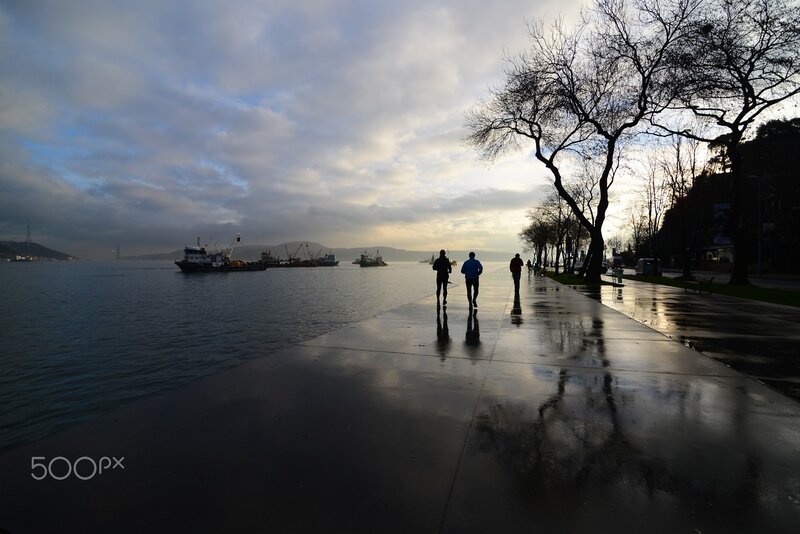 People Walking on Pier — Gray