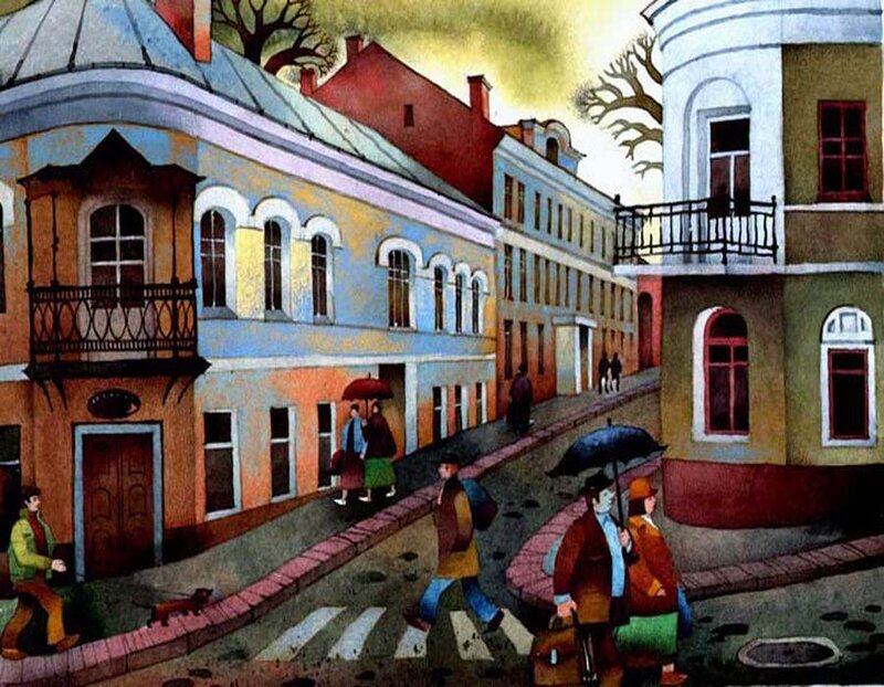 People Walking on Street — Blue