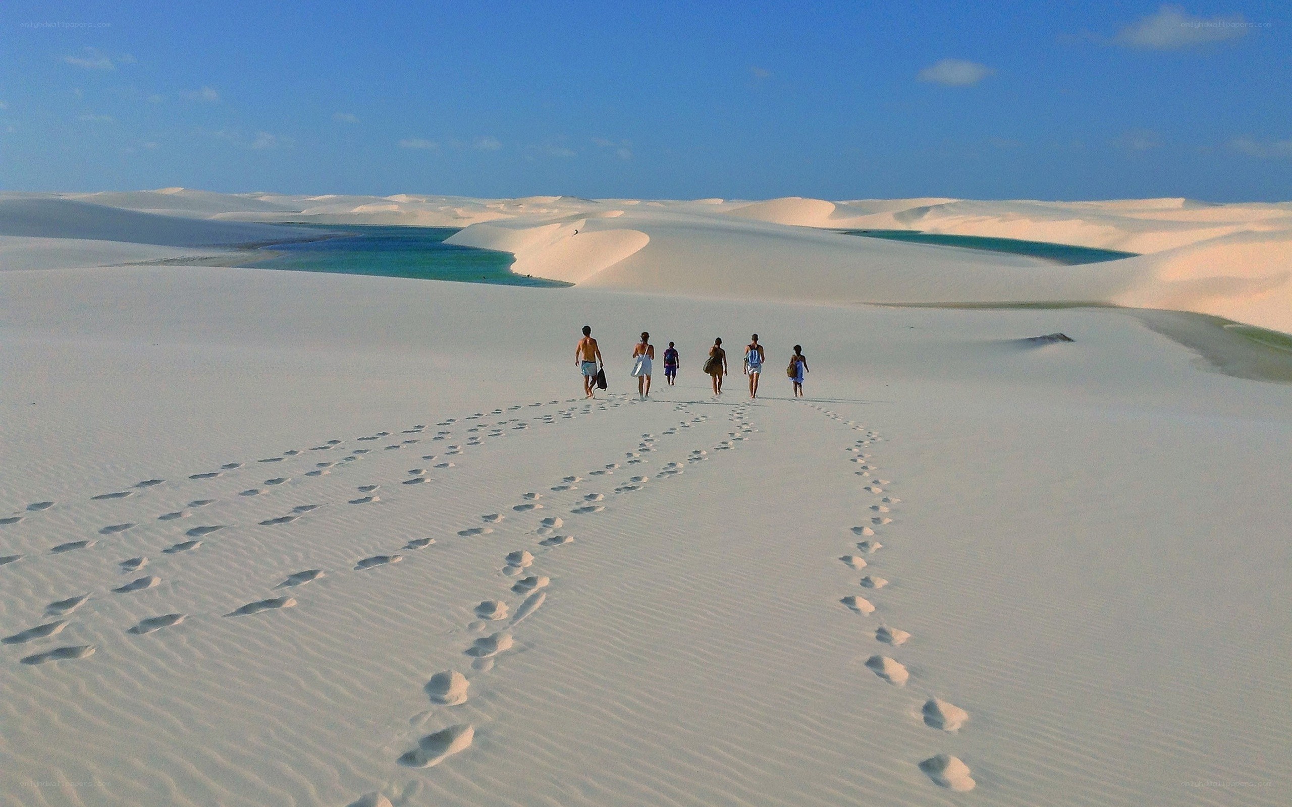People walking on white sand dunes