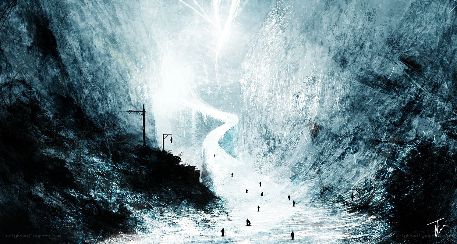 people walking through icy canyon