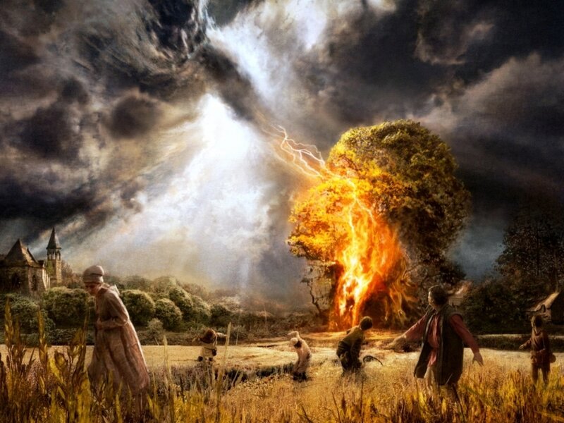 People Watching Lightning Strike Tree