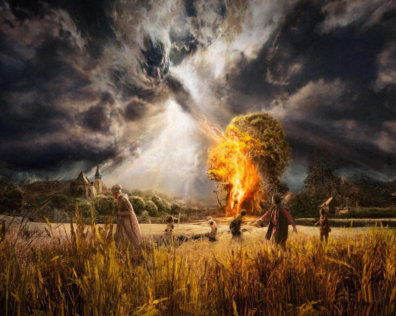 People Watching Lightning Strike Tree — Yellow
