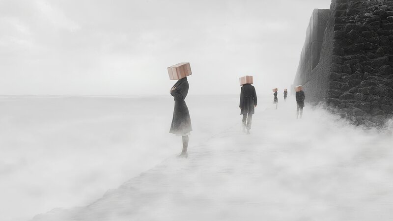 People with Boxes on Heads — Gray