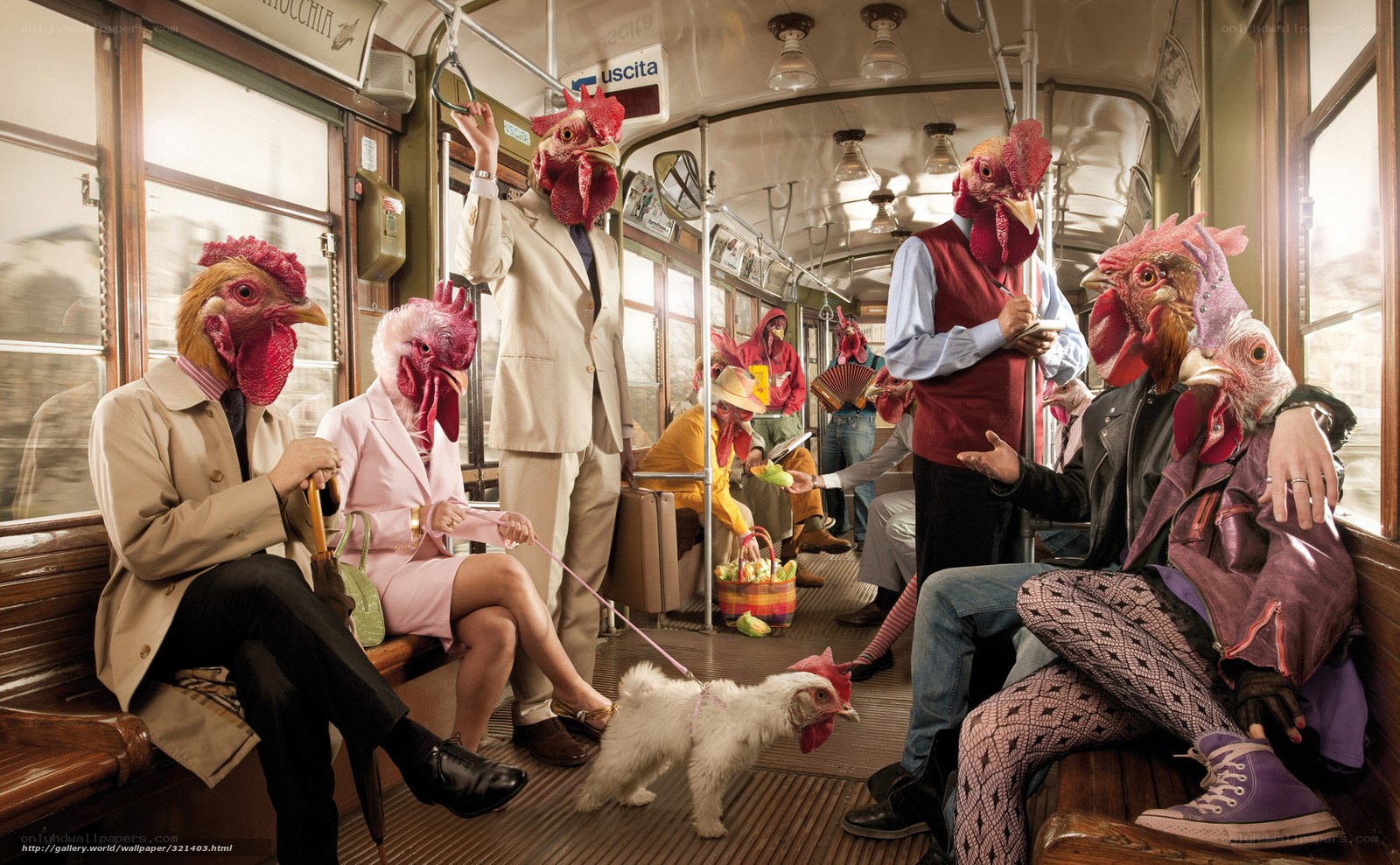 People with chicken heads on a tram