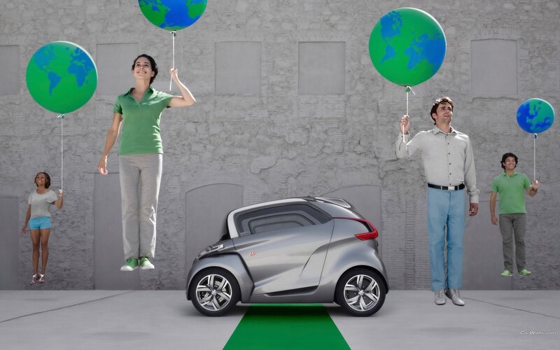People with Earth balloons and car