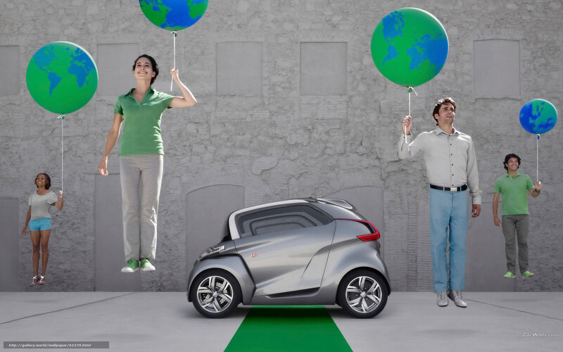 People with Earth balloons and car
