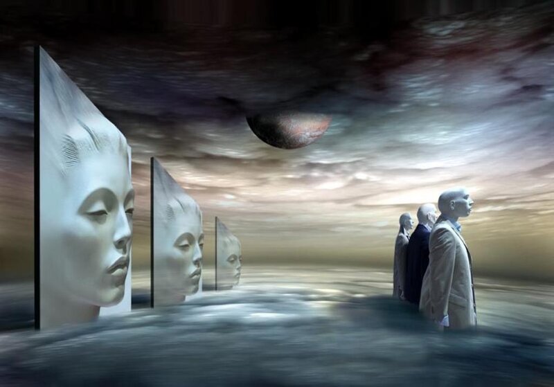 People with Face Sculptures — Gray