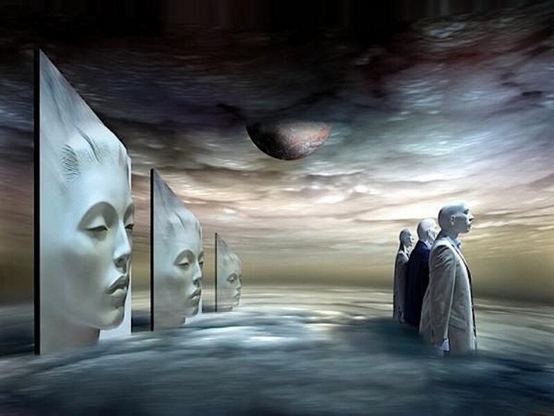 People with Face Sculptures