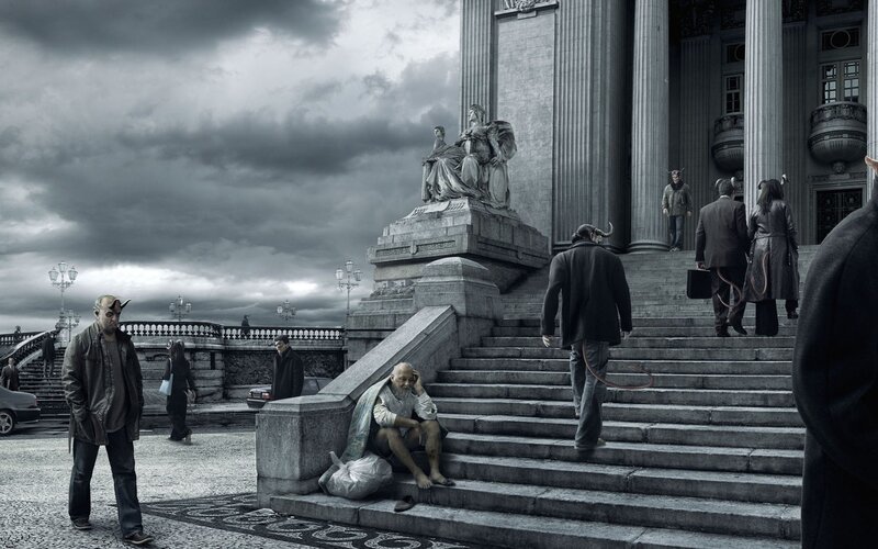 People with Horns on Steps — Gray