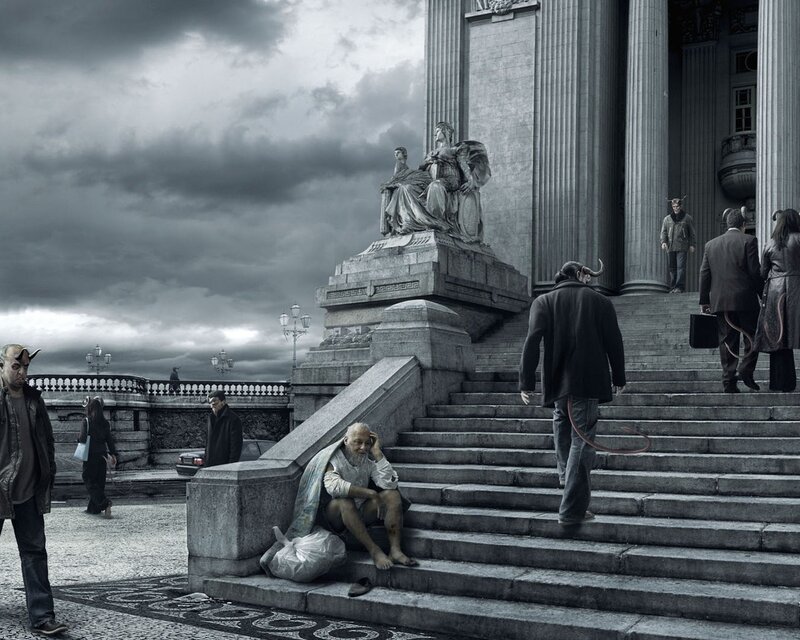 People with horns on steps