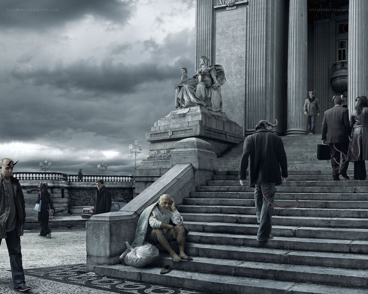 People with horns on steps