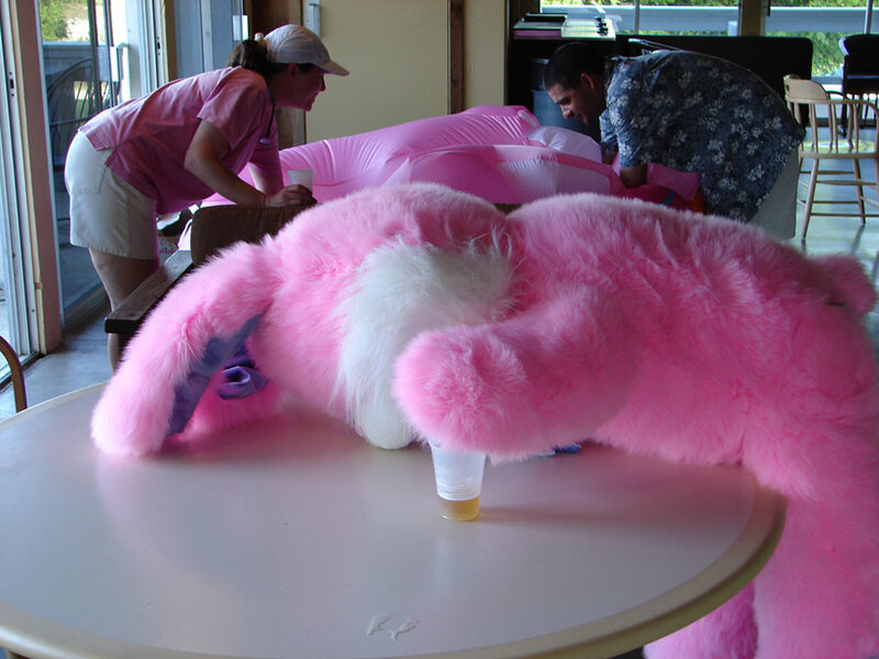 People with pink mascot costume