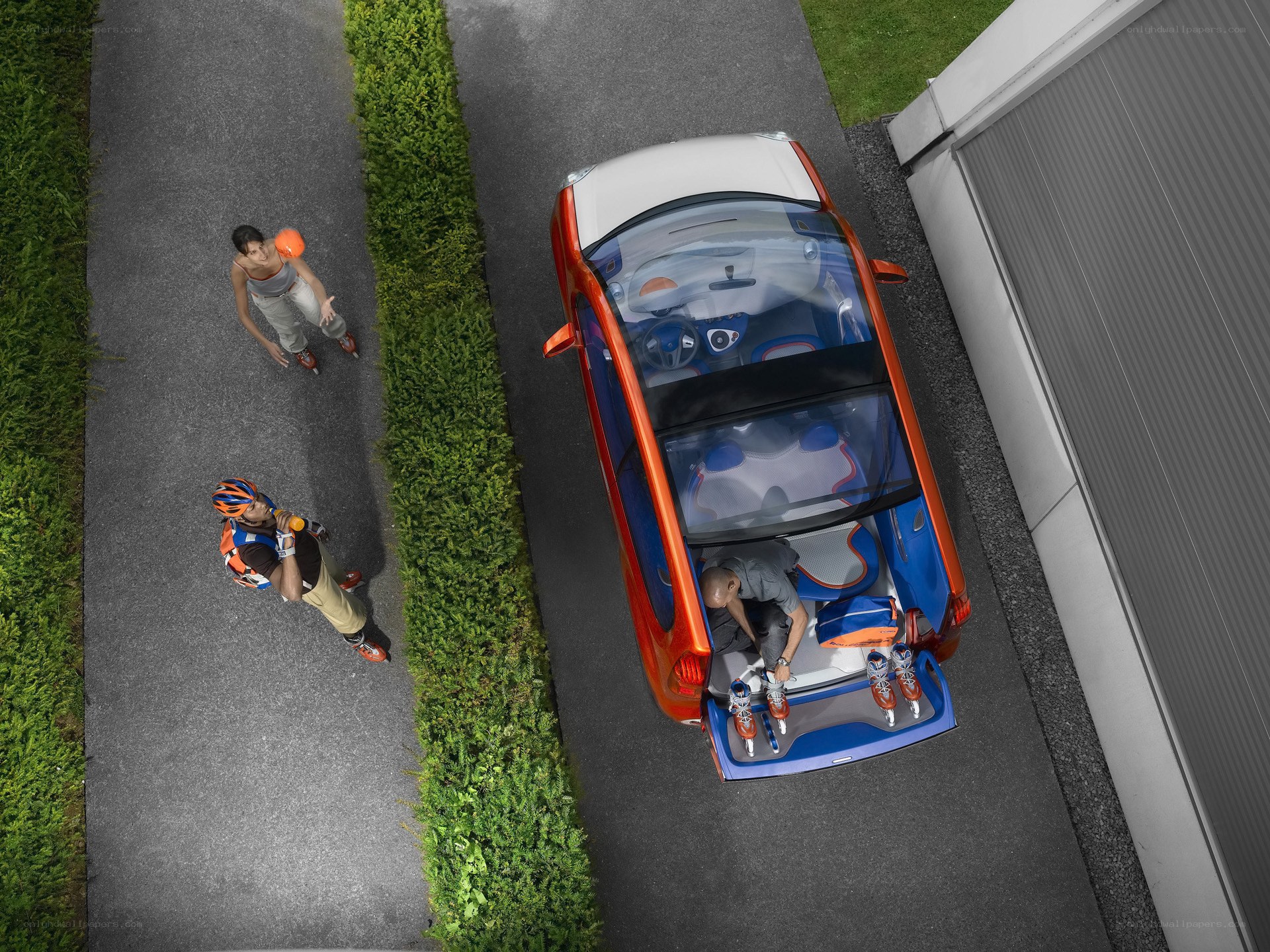 People with roller skates and a car