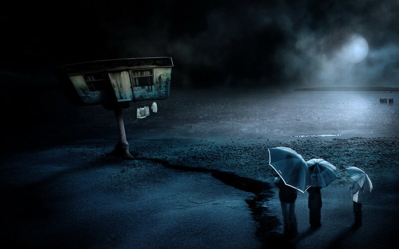 People with Umbrellas — Blue, Dark