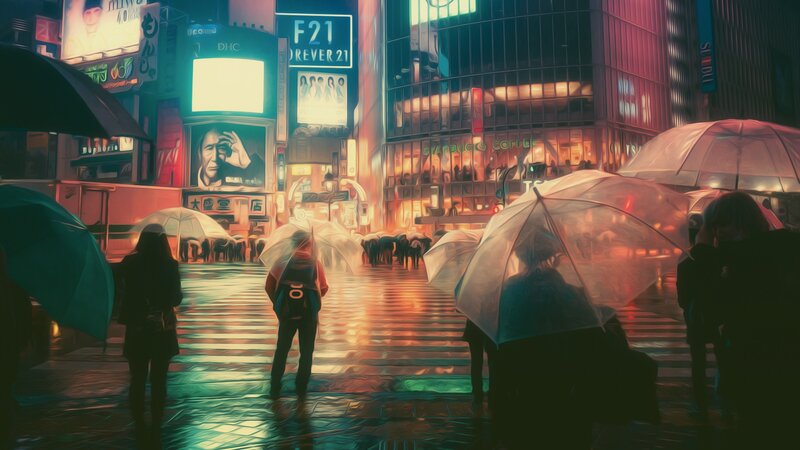 People with Umbrellas in City