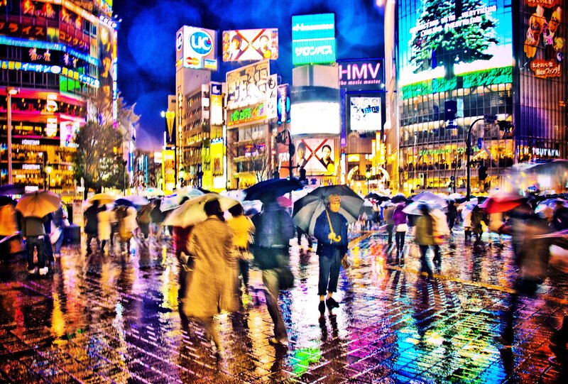 People with Umbrellas in Rain — Blue, Dramatic, Night