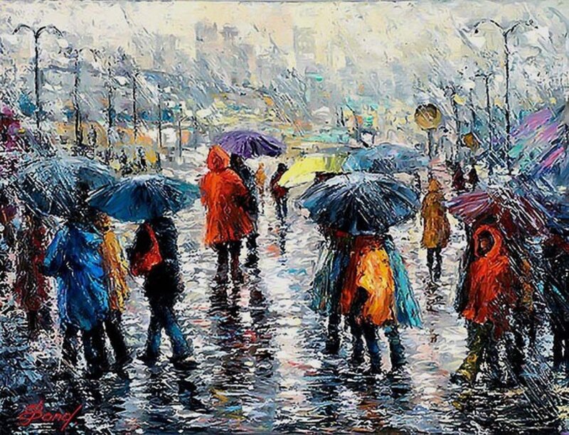 People with Umbrellas in Rain — Blue, Dramatic