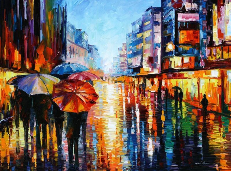 People with Umbrellas in Rain — Blue