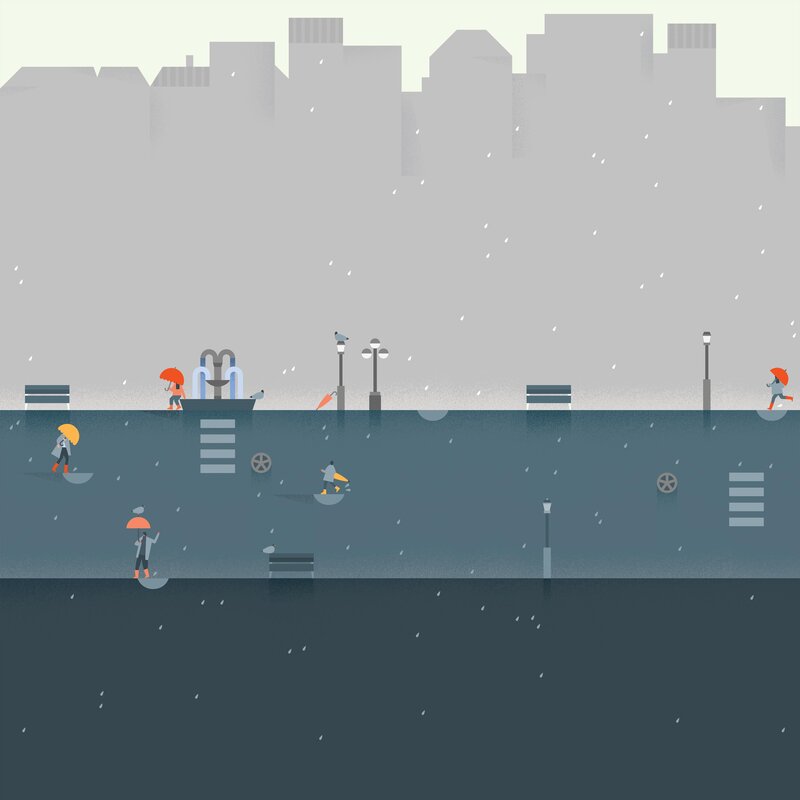 People with Umbrellas in Rain — Gray, Calm