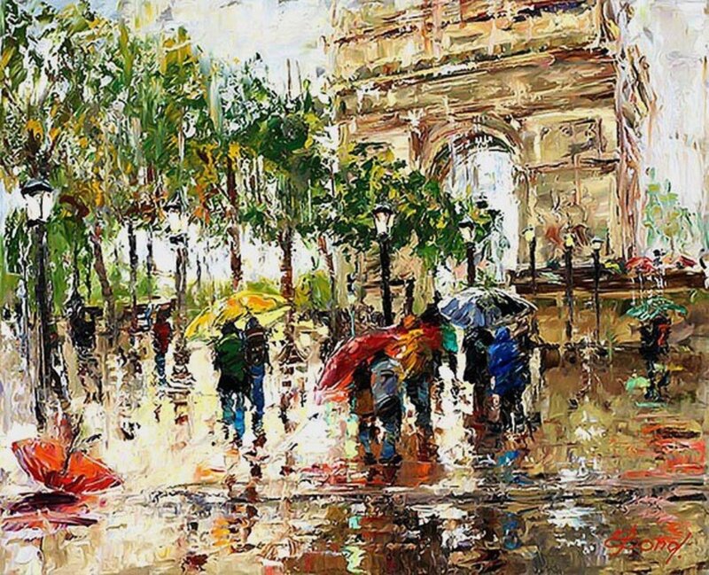 People with Umbrellas in Rain — Green