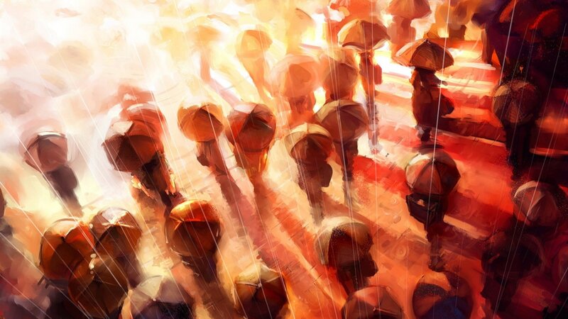 People with Umbrellas in Rain — Orange, Dramatic, Sunset