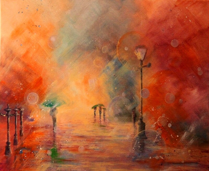 People with Umbrellas in Rain — Orange, Dramatic