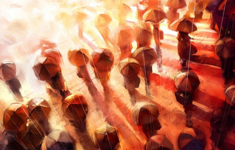 People with Umbrellas in Rain — Orange