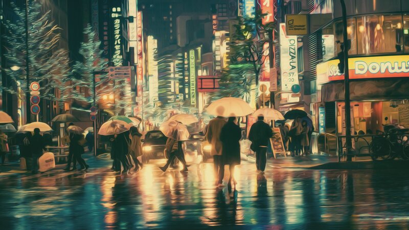 People with Umbrellas in Rain — Yellow, Dramatic