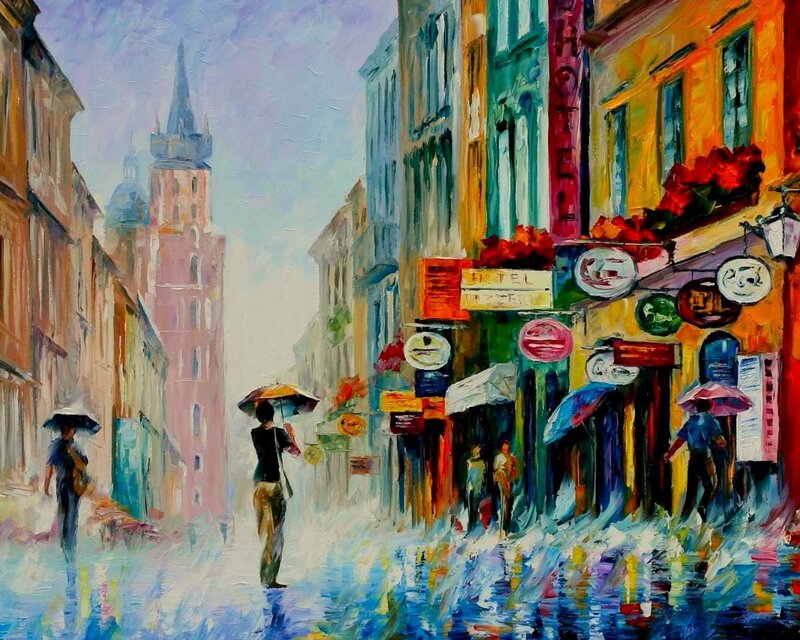 People with Umbrellas in Street