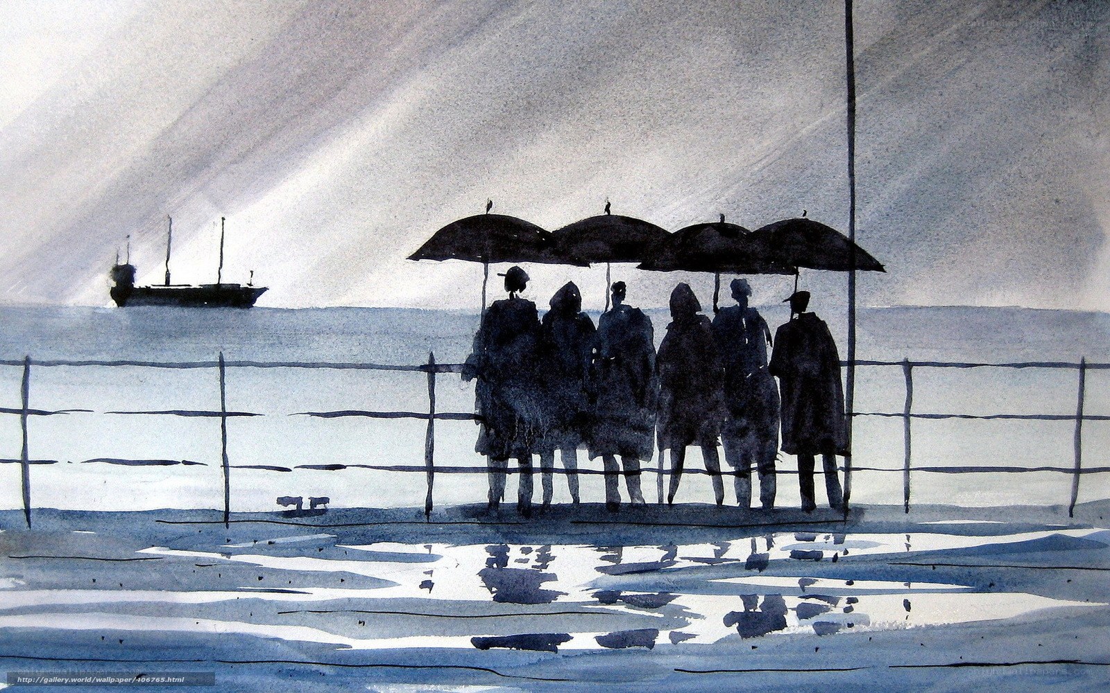 People with umbrellas on a pier