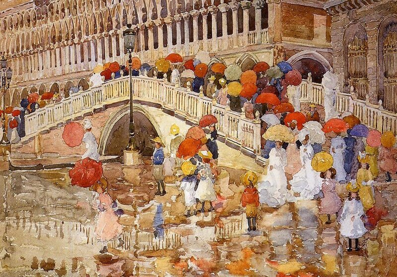 People with Umbrellas on Bridge — Red
