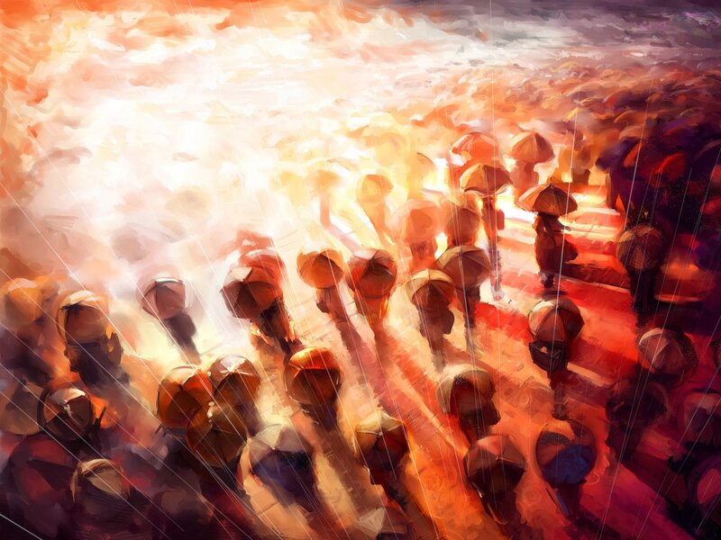 People with Umbrellas — Orange, Dramatic