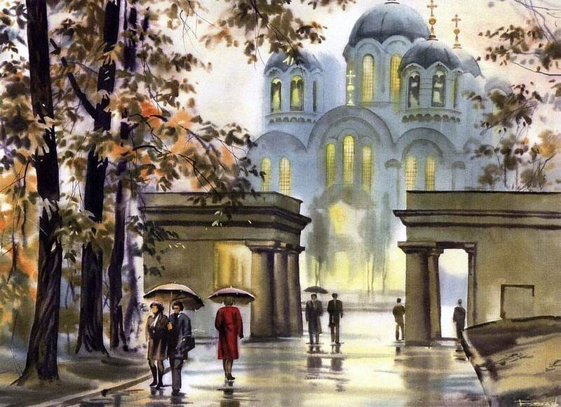 People with Umbrellas — Yellow