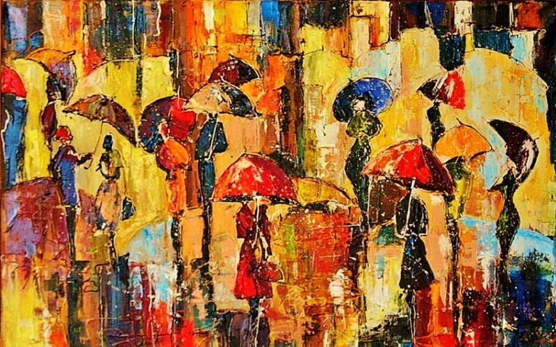 People with Umbrellas — Yellow, Vibrant, Painting