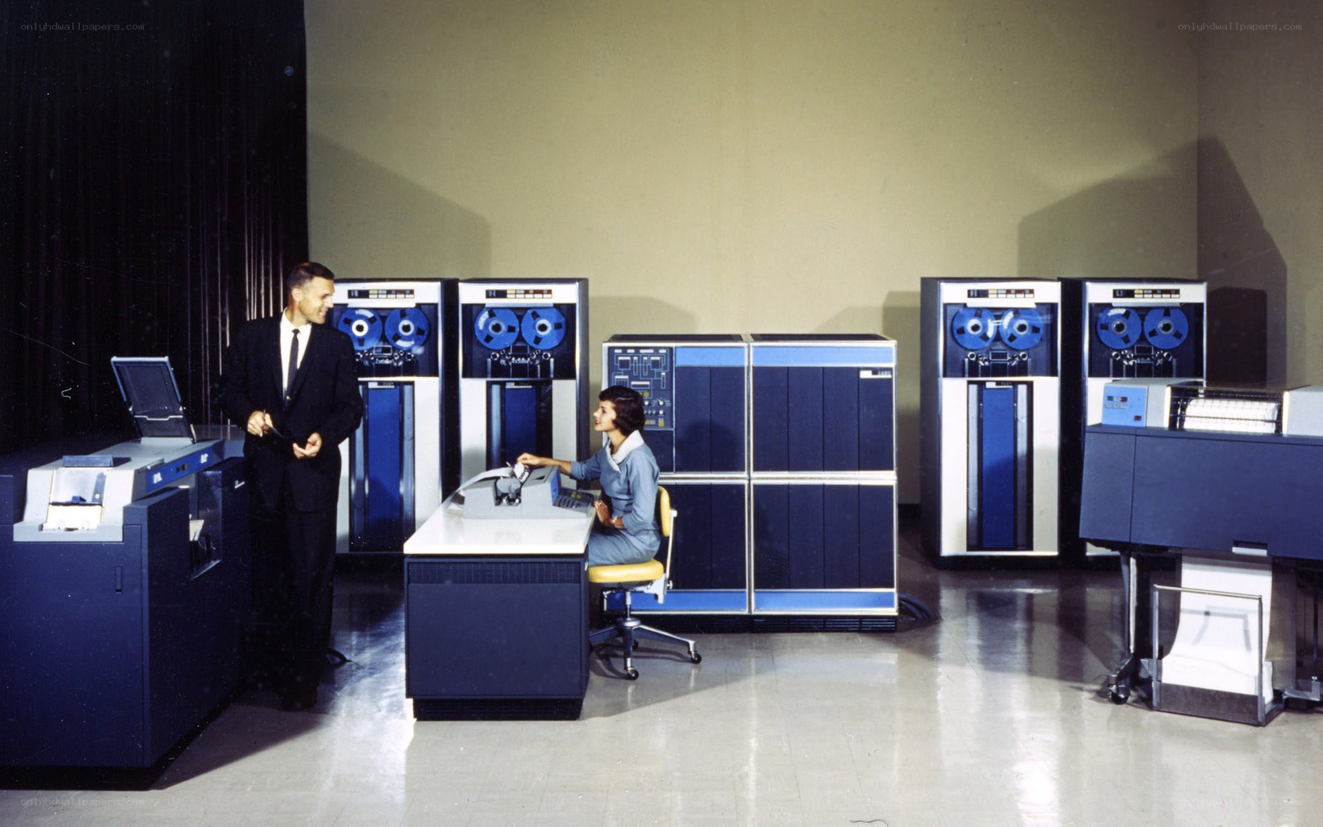 People with vintage computer system