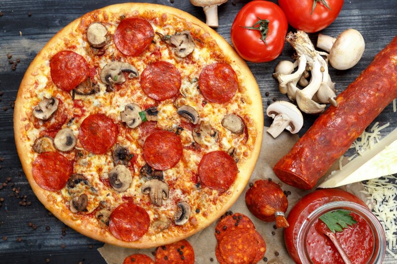 Pepperoni and Mushroom Pizza — Red